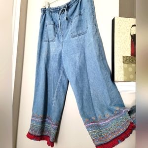 Vintage | Moka Cotton Denim Drawstring Waist Jeans w/ Embroidered & Fringed Hem